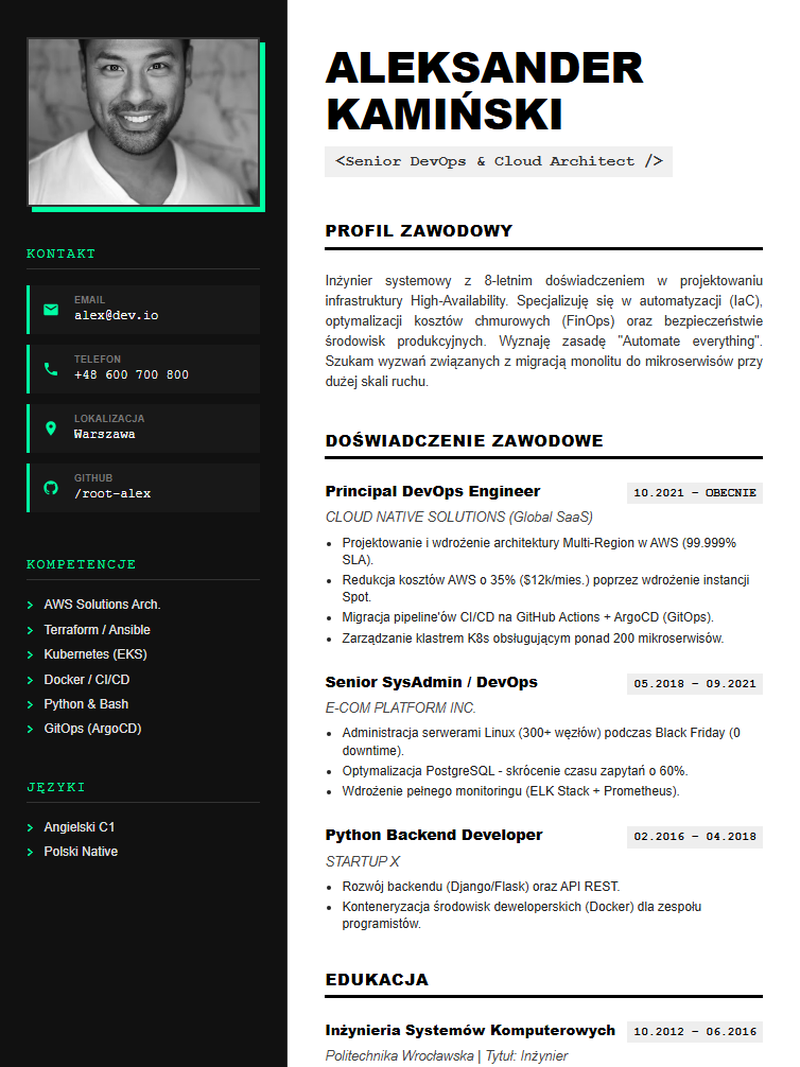 Przykład CV — CV programista (wariant 1)