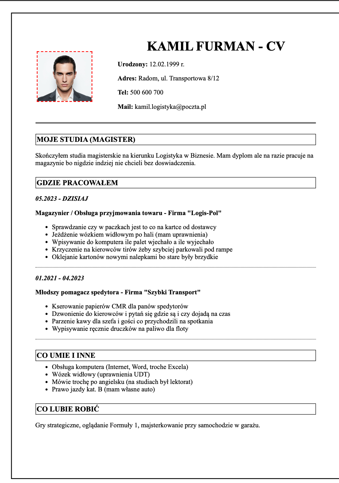 CV przed dopasowaniem