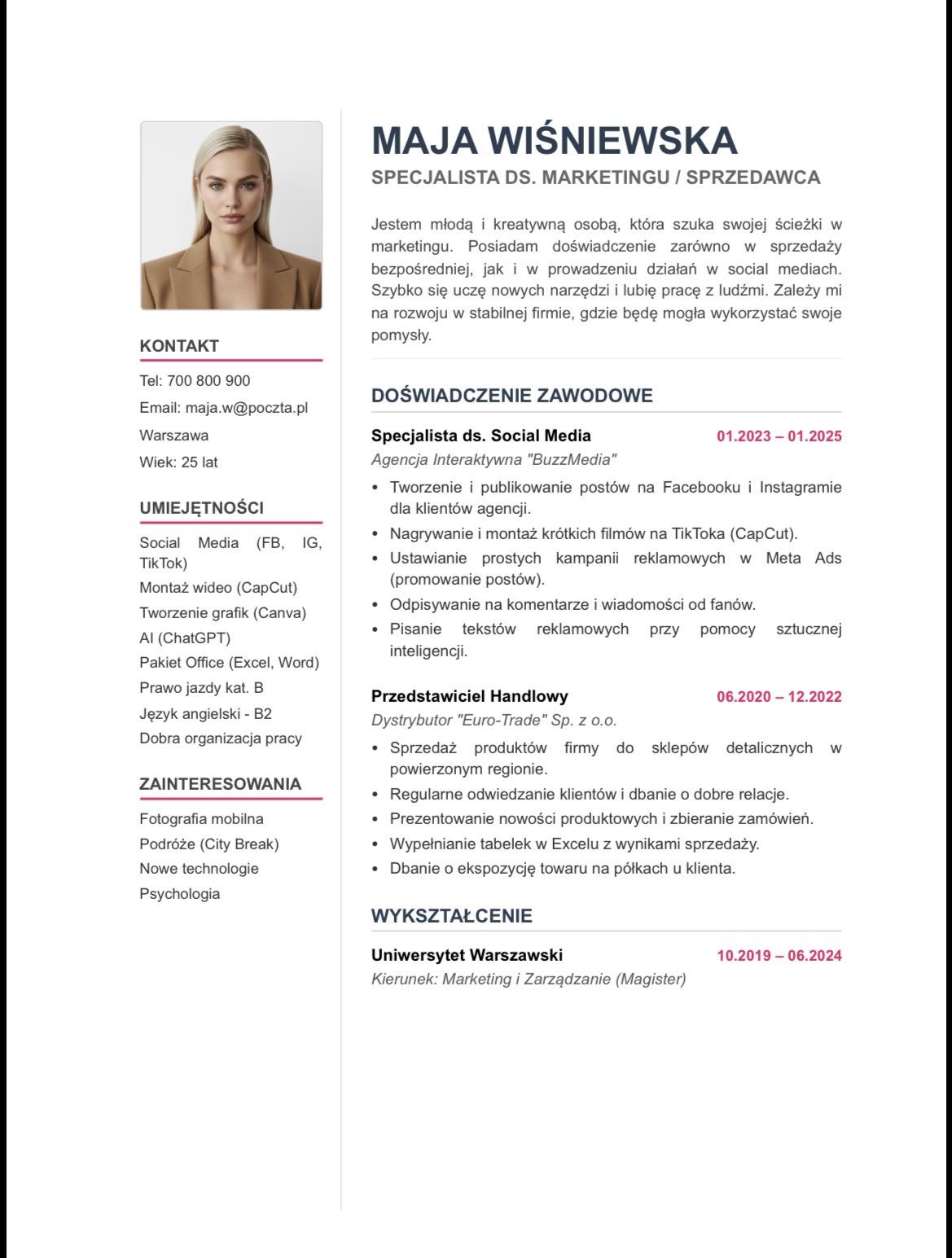CV przed dopasowaniem